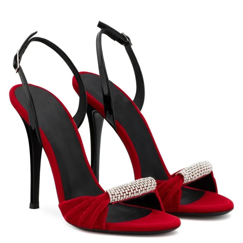 Suede Fine High Heels Open Toe Rhinestone Party Dress Shoes Sandals Female Wedding Shoe Bride Sandalias Mujer