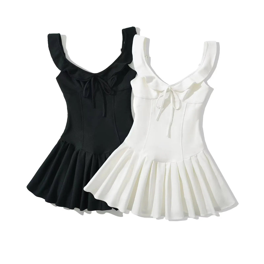 Summer Clothes Mini Dress Ruffle Dress Vacation Dresses Pleated Slim Waist Bow Tie
