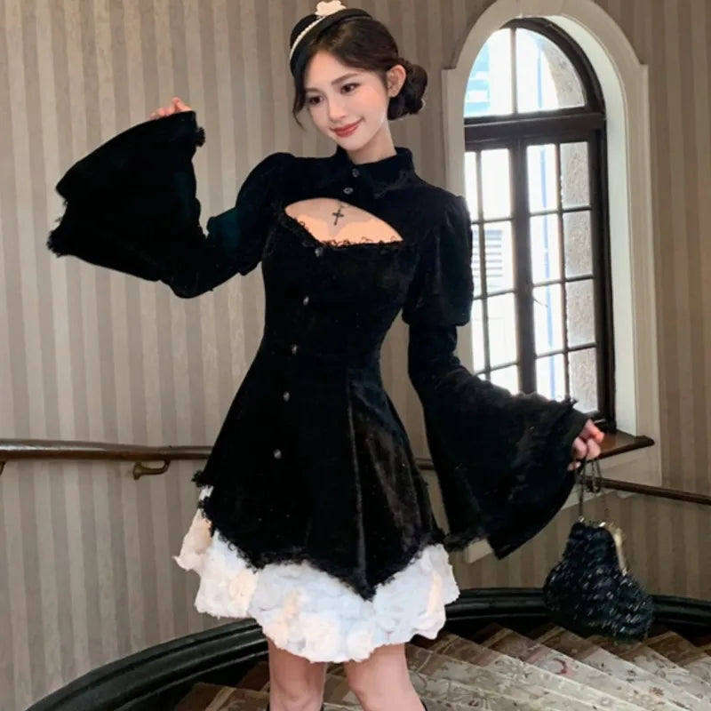 Y2k Gothic Black Mini Dresses Flare Sleeve O-neck Hollow Out Ruffles Patchwork A-line Korean Party Dress Autumn New