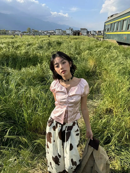 Summer American Retro Pink Pleated Hollow Lace Up Design Blouses Female Short Sleeve Shirt Top Spicy Girl Slim Short Top