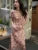 French Printed Midi Dresses for Summer Puff Sleeve Square Collar Slim Party Dress One Piece Vestido