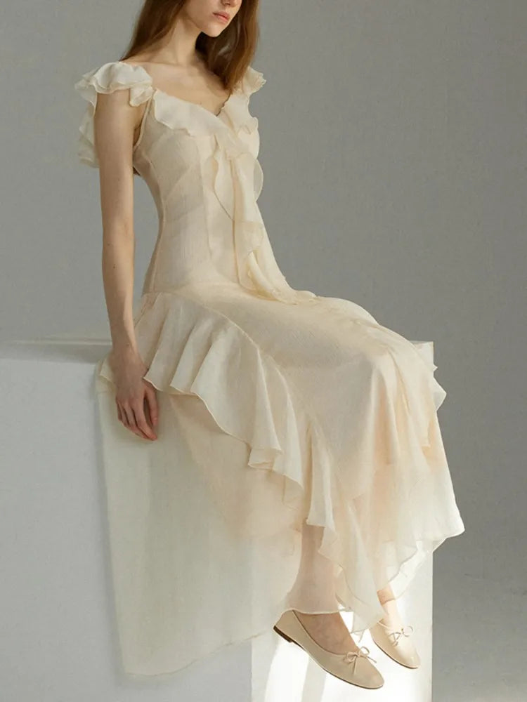French Ruffles Midi Dress Summer New Sleeveless Vneck Holiday Beach Style Aline Party Prom Robe Vestido Mujer