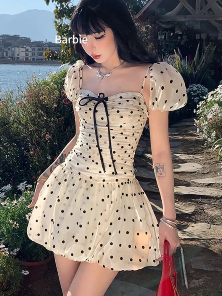 Polka Dot Birthday Party Dress Off Shoulder Puff Sleeve A-line Ball Gown Mini Dresses for Korean One Piece Vestido