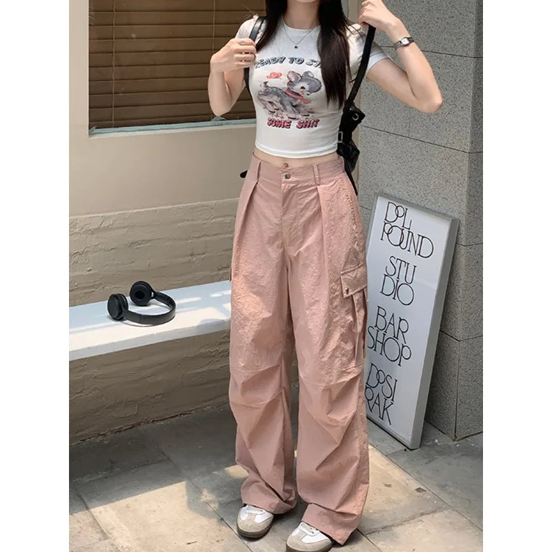 Printing Cargo Trousers for High Waist Patchwork Drawstring Long Pants Female Style