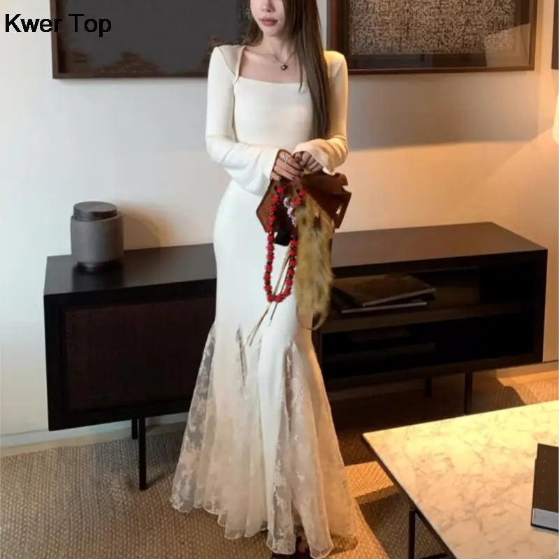Bodycon Midi Dresses Flare Sleeve Slim Mermaid Dress Lace Fishtail Korean One Piece Party Dress Vestidos
