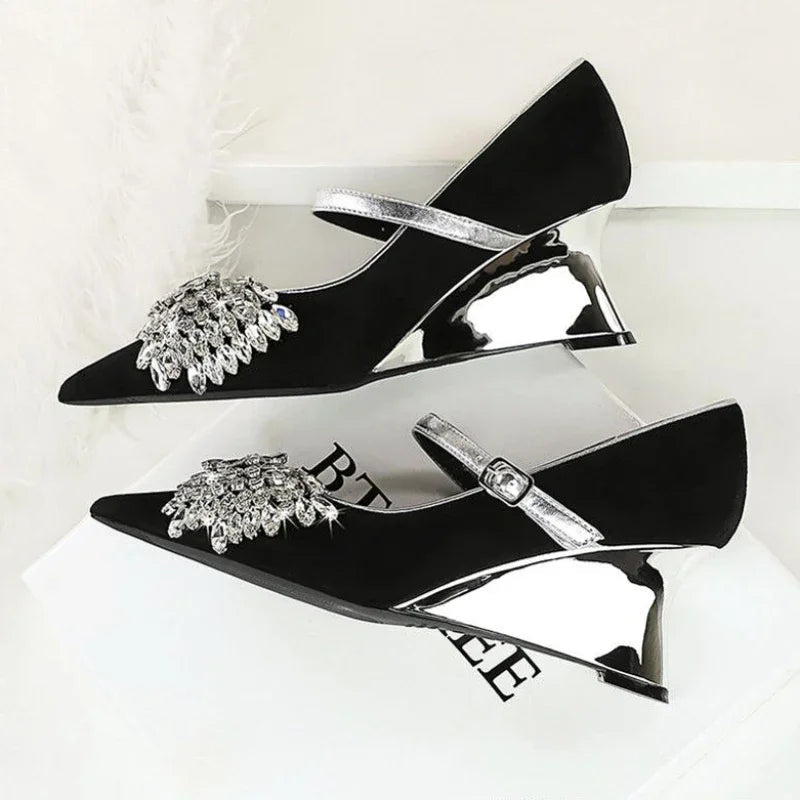 Rhinestone Design Wedge Shoes Shallow Pointed Toe Pumps Female Diamond Butterflyknot High Heels Zapatos De Mujer