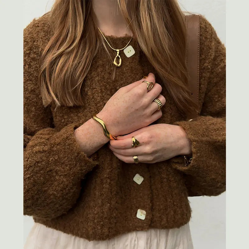 Color Simple Knitted Cardigan Loose Round Neck Single Breasted Sweater Retro Tops Short Sweaters