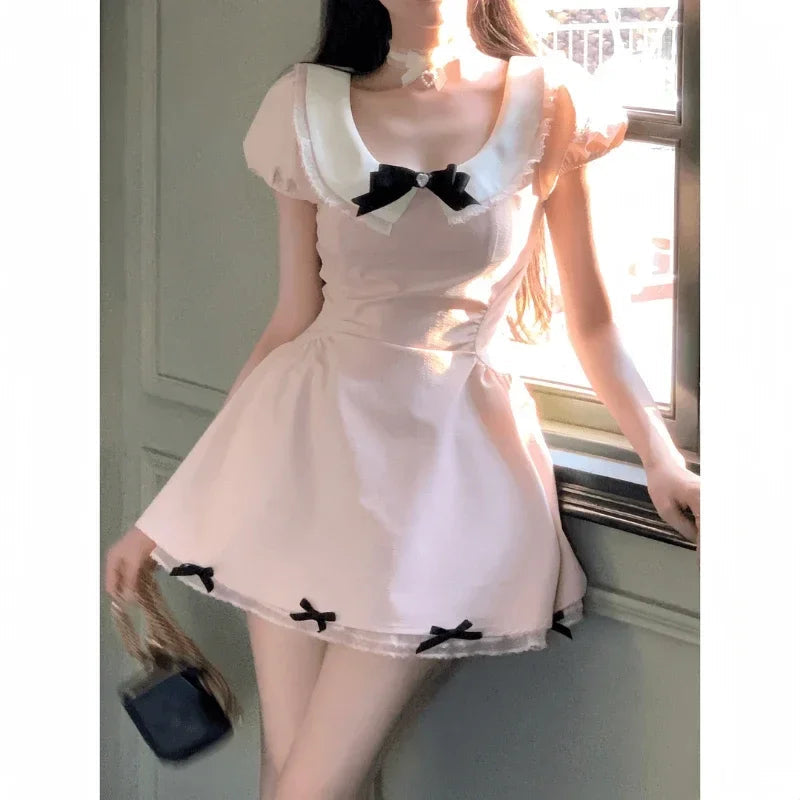 Short Sleeve Kawaii Mini Dress 2000s Y2k Clothing Japanese Sweet Pink Dress Evening Party