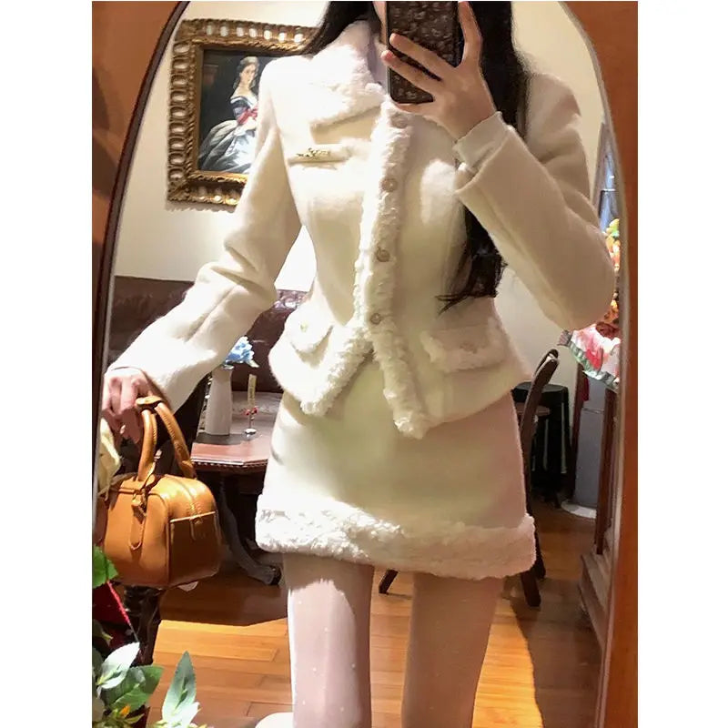 Sweet Hot Girl Maillard Style Suit Autumn/winter Woolen Patchwork Slim Coat Highwaisted Skirt Twopiece Set
