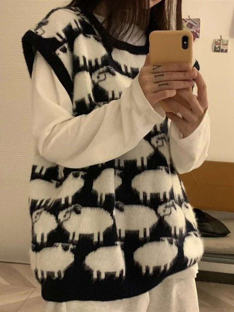 New Harajuku Sheep Print Vest Sweater Kawaii Black Crewneck Knitwear Korean Graphic College Clothes