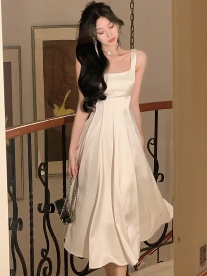 Satin Midi Dresses for Summer New Korean Vestido Wedding Evening Party Prom Clothes Female Robe