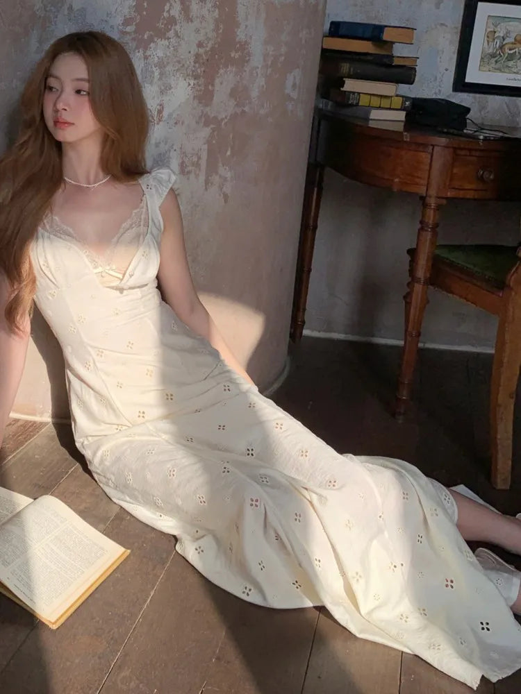 French Retro Midi Dress Summer Even Party Clothing Vneck Y2k Korean Sleeveless Dresses