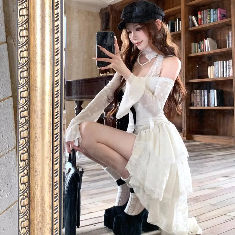 Y2k Lace Mini Dresses for Slash Neck Flare Sleeve A-line Ruffles Birthday Party Short Train Dress Korean Vestidos