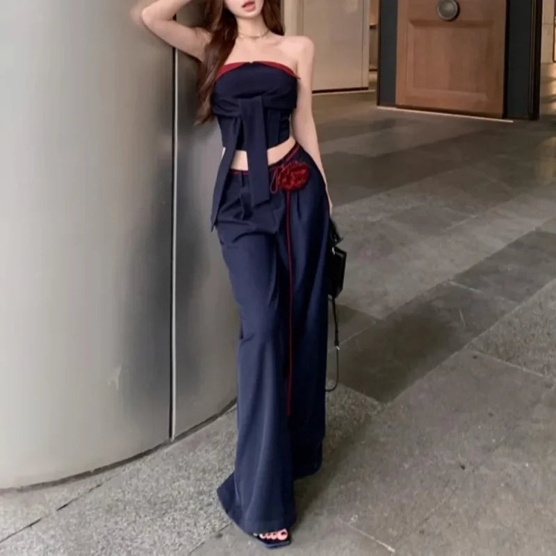 Summer New High Street Lace Up 3d Flower Loose Wide Leg Pants + Patchwork Camisole Twopiece Suit