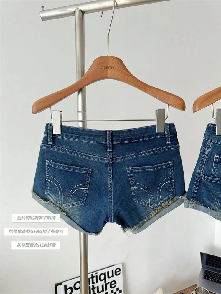 Korean Blue Denim Shorts Coquette Gyaru High Waist Jeans Short Grunge Hot Pants Raw Edge American Retro