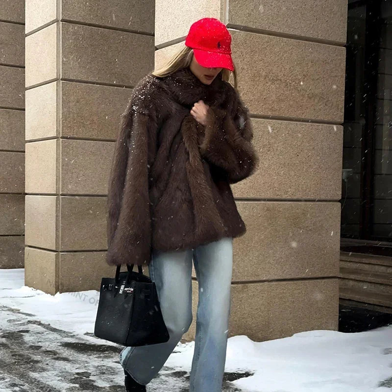Winter Faux Fur Coat Brand Fluffy Fox Fur Outerwear Overcoat Girl Street Style Furry Warm Jacket