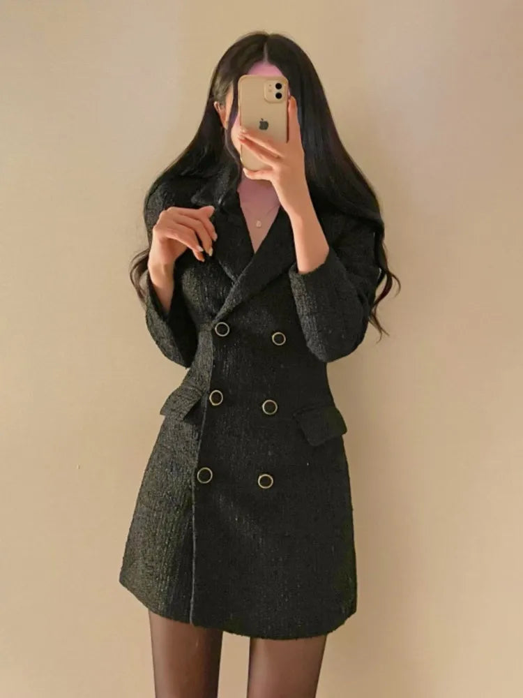 Autumn Winter Tweed Blazer Dress Double Breasted Slim Short Dresses for Korean Office Lady Coat Dress New