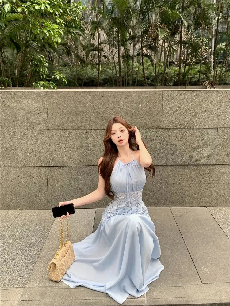Lace Patchwork Hanging Neck Dress Summer Waist Cinched Sleeveless Spicy Girl Temperament Aline Long Dresses