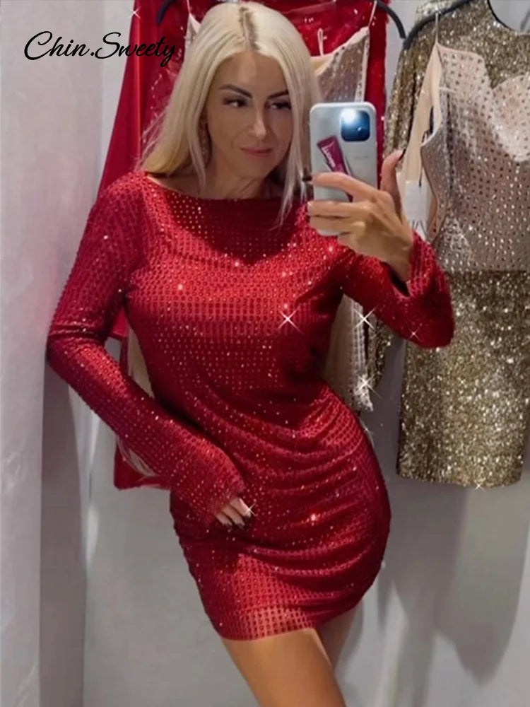Sequins Backless Red Christmas Mini Dress Shiny O-neck Long Sleeve Dresses Female New Lady Slim Party Club Gowns