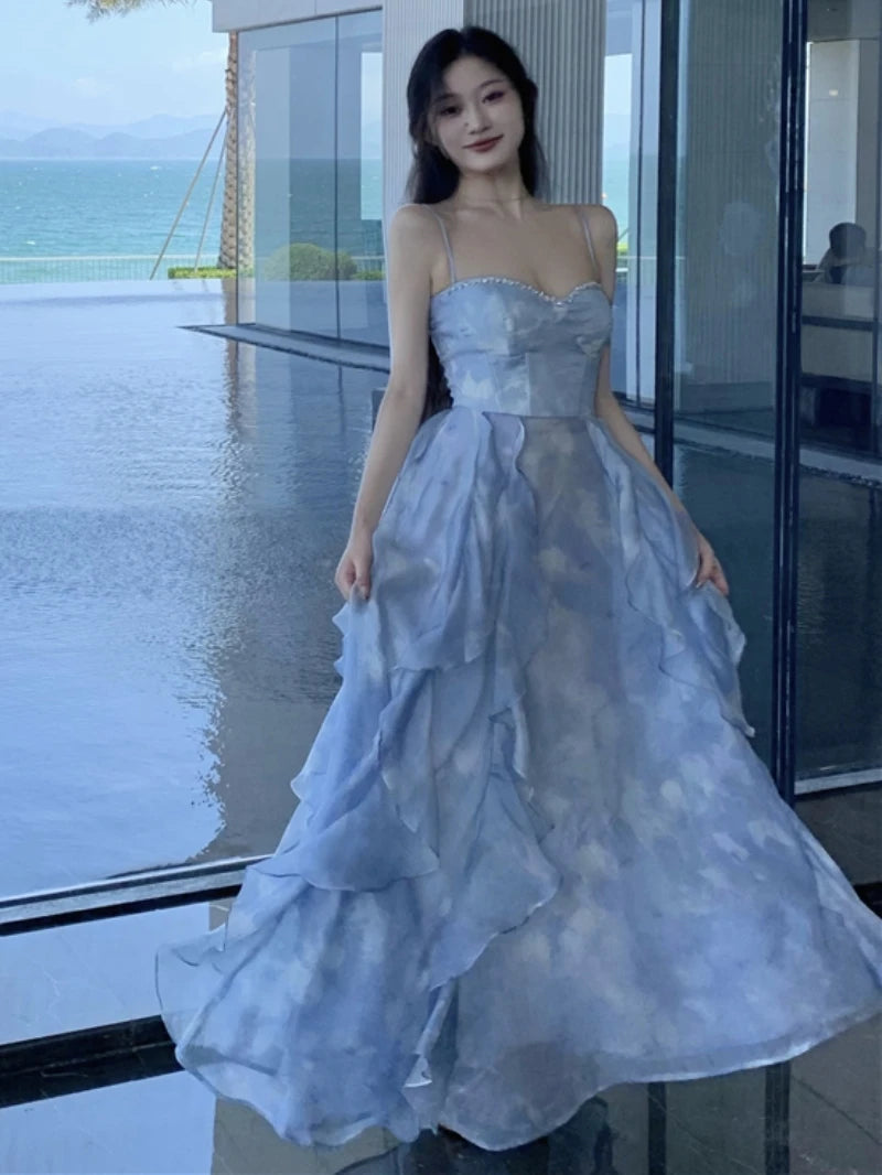 New Summer Long Dresses for Spaghetti Strap Korean Aline Ruffles Beach Style Party Dress One Piece Vestido Mujer