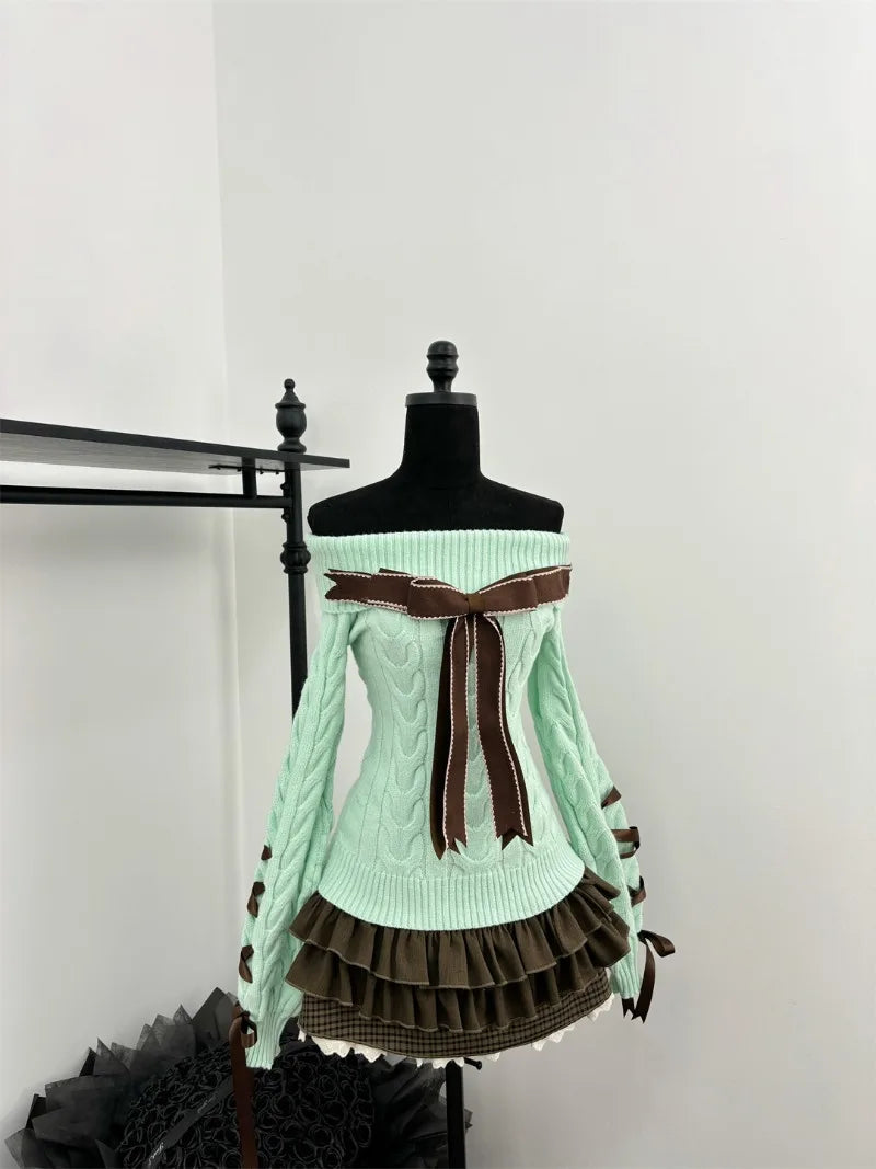 Sweet Hot Girl Retro Suit Autumn and Winter Bow Off Shoulder Sweater Plaid Aline Skirt Twopiece Set Female Clothes