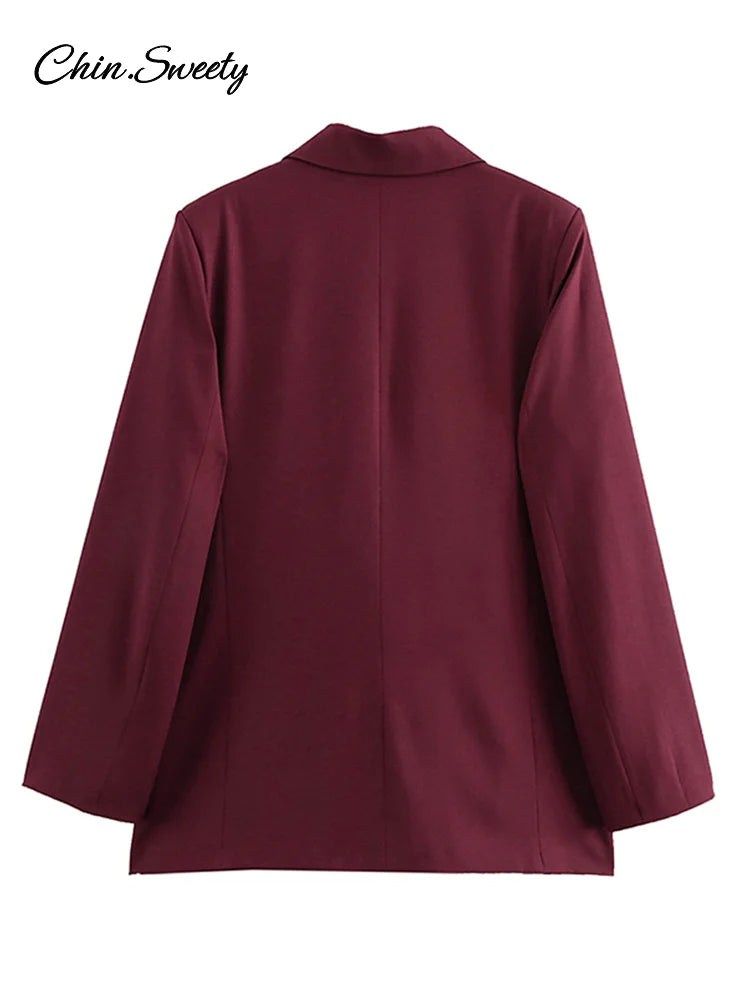 Burgundy Lapel Blazer Coat Double Breasted Full Sleeve Pocket Jacket Fall New Female Commute Outwear
