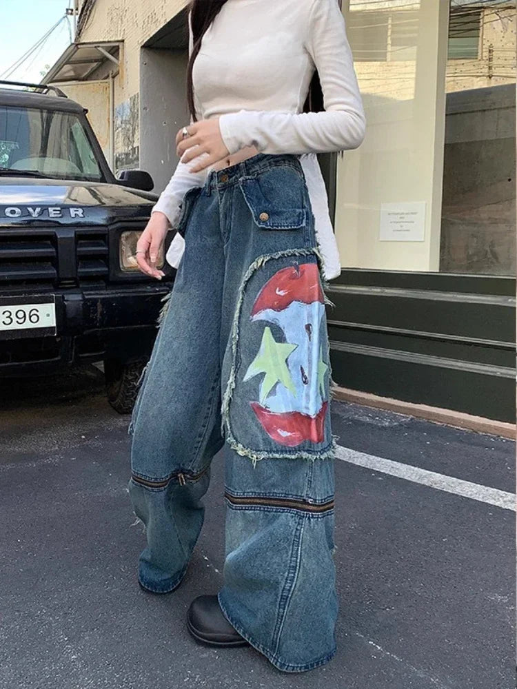 Blue Washed Cargo Jeans Ripped Wide Leg Denim Pants Zipper Oversized Y2k Hip Hop Graffiti Baggy Bottoms