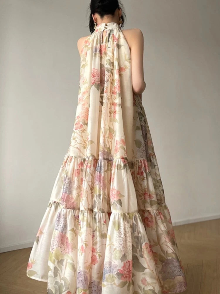 Halter Long Dresses for Summer New Printed Sleeveless Aline Loose Party Dress Prom Robe Vestidos Mujer
