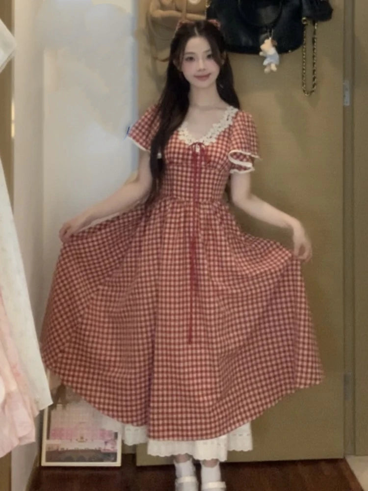 Red Plaid Midi Dresses for Lace Patchwork Vneck Aline Sweet Summer New Party Dress Kawaii Vestidos Mujer