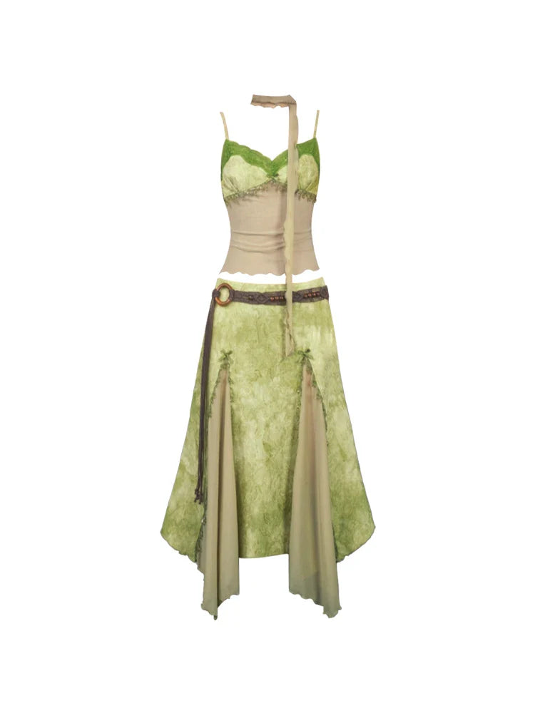 Summer Birthday Gyaru Style Vacation Rave Beach Outfits 2 Piece Set Patchwork Halter Top + Fairy Midi Skirts