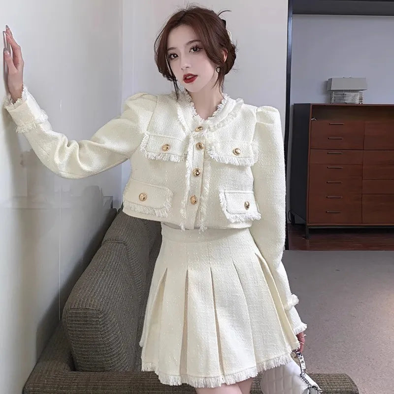 Tweed Suit 2-piece Skirt Set Autumn Winter New French Style Cropped Jacket Coat Mini Skirt Korean Female Outfits