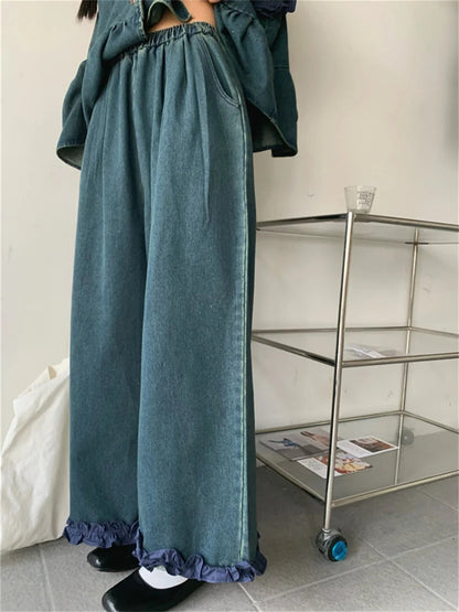 Sweet Denim Vest Coats Loose Wide Leg Jeans Sets Office Lady High Street Summer Suits