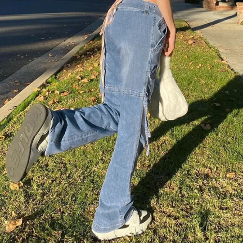 Y2k Street Retro Jeans Midiwaist Belt Drawstring Straight Pants Patchwork Style
