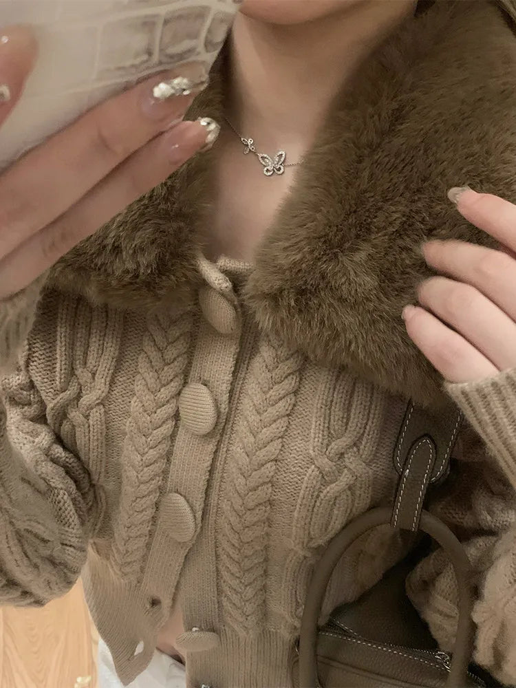 Lazy Lapel Neck Fur Sweaters Mujer Autumn New White Cardigan Coat Y2k Long Sleve Zipper Knitted Tops