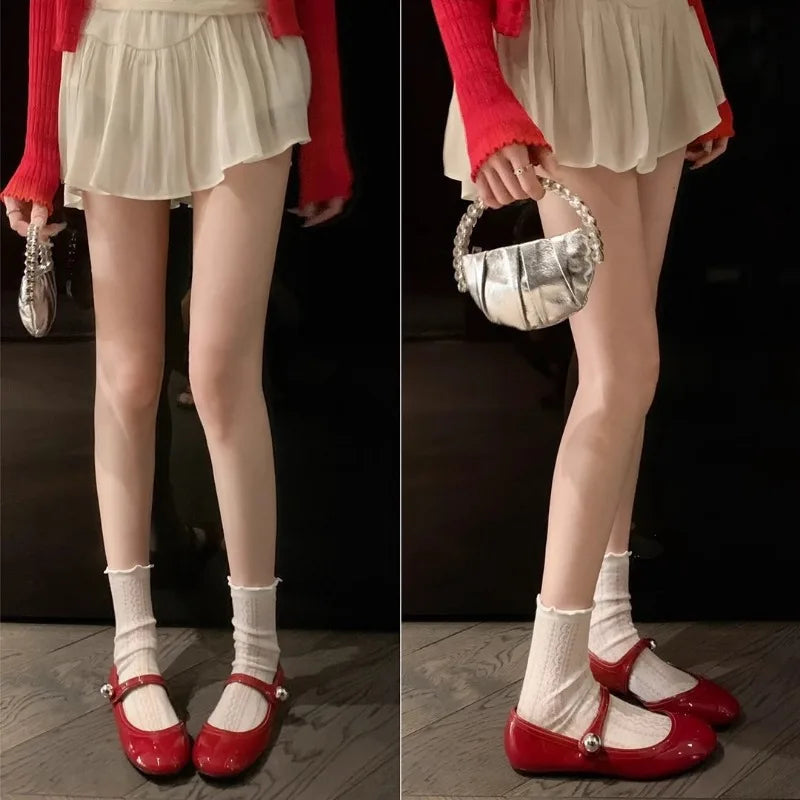 Cartoon Leather Mary Jane Shoes Lolita Red Black Flat Keel Thin Shoes Girl
