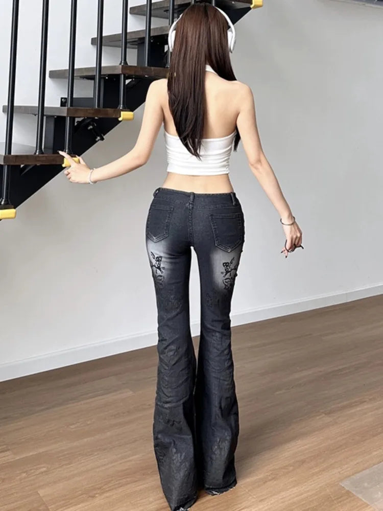 Y2k Flared Jeans 2000s Print Distressed Low Waist Slim Denim Pants Korean Retro Trousers
