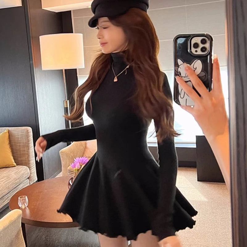 Autumn New Mini Dresses Turtleneck Long Sleeve Ruffles A-line Korean Female Clothing Vestidos Mujer
