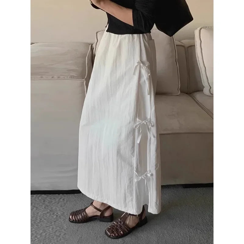 Lace Up Bow Color All Match Aline Skirt Summer New Korean High Waist Loose Midlength Skirt