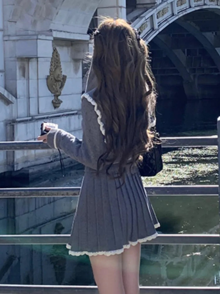 Y2k Sweet Knit Pleated Mini Skirts Suits Korean Preppy Style Two Pieces Set Female Slim Sweater New Outfits