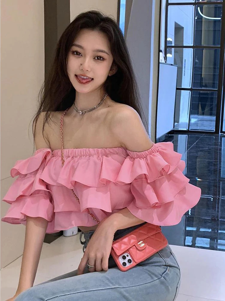 Korean Off Shoulder Woman Blouse Stacked Ruffles Crop Top Shirt Summer Designer Short Sleeve Chiffon New