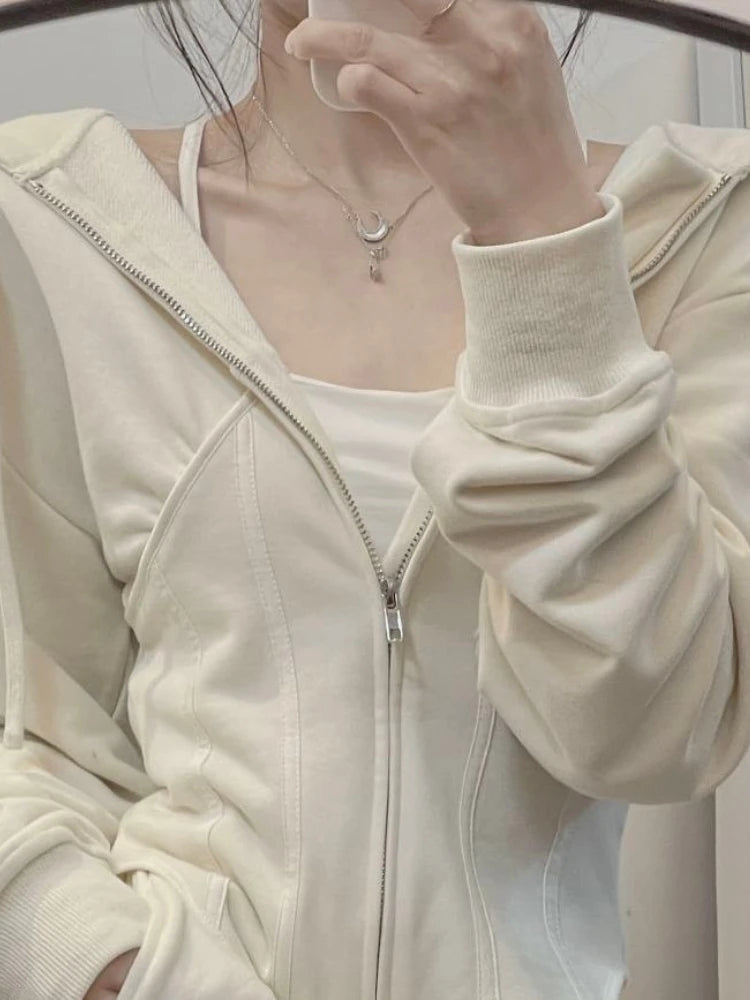 Deeptown Y2k Hip Hop Zip Up Hoodies Grunge Slim Long Sleeve Sweatshirts Allmatch Cropped Tops Sportwear
