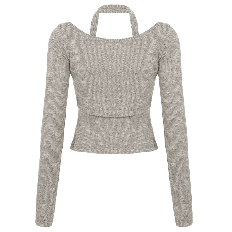 2 Piece Set ��s Halter Top Tee Long Sleeves Korean Style Office Lady Simple All-match Blouses