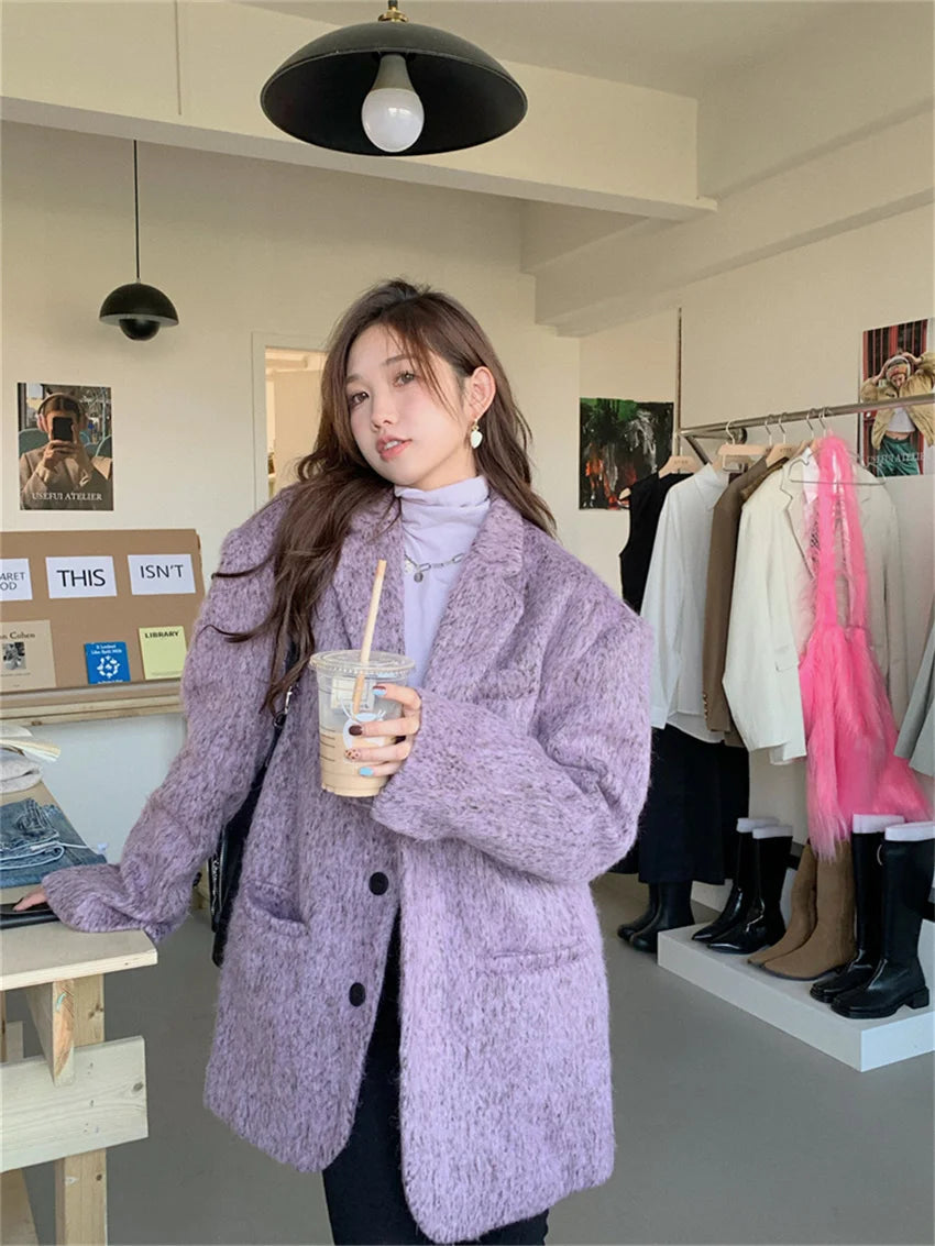 Purple Slimfit Blazers Winter Woolen Mujer Office Lady High Street Ol Warm New All Match Coats
