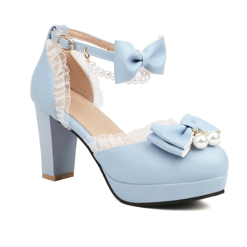 Ankle Strap Twopiece Lolita Pump Round Toe Platform Kawaii Thick High Heel Bow Buckle Bead Cosplay Shoes Autumn