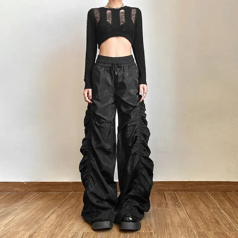 High Waist Drawstring Black Pants Spring New Pleated Loose All Match Wide Leg Pants