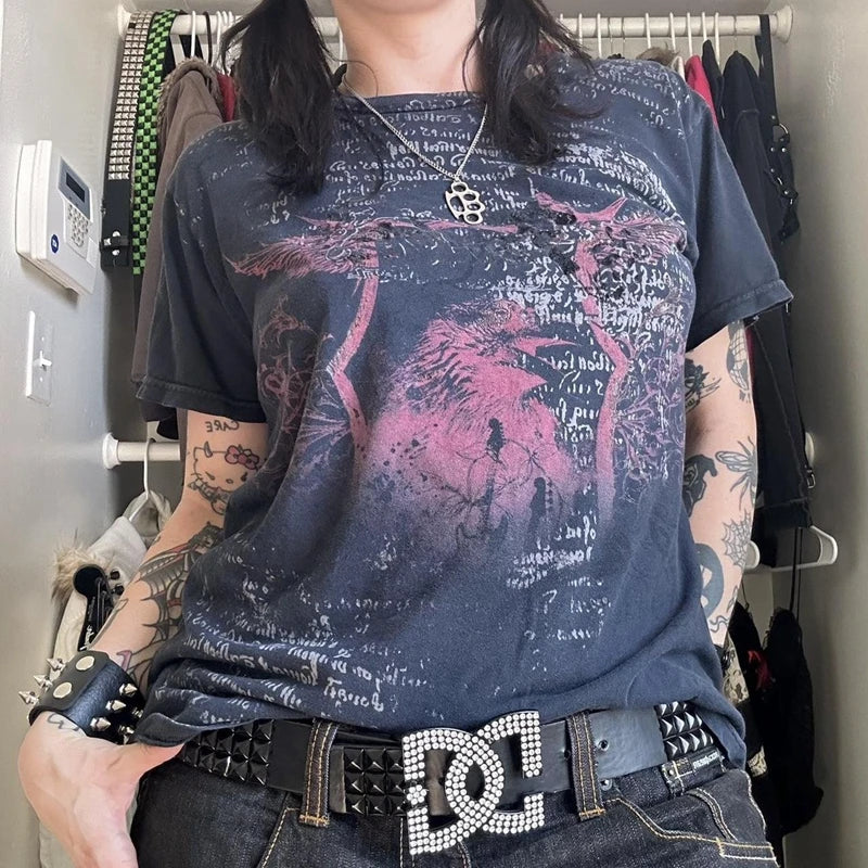 Y2k Grunge Cyber Goth Tee Skull Graphic Short Sleeve Crop Tops Japanese Kawaii 00s Retro Skater T-shirt