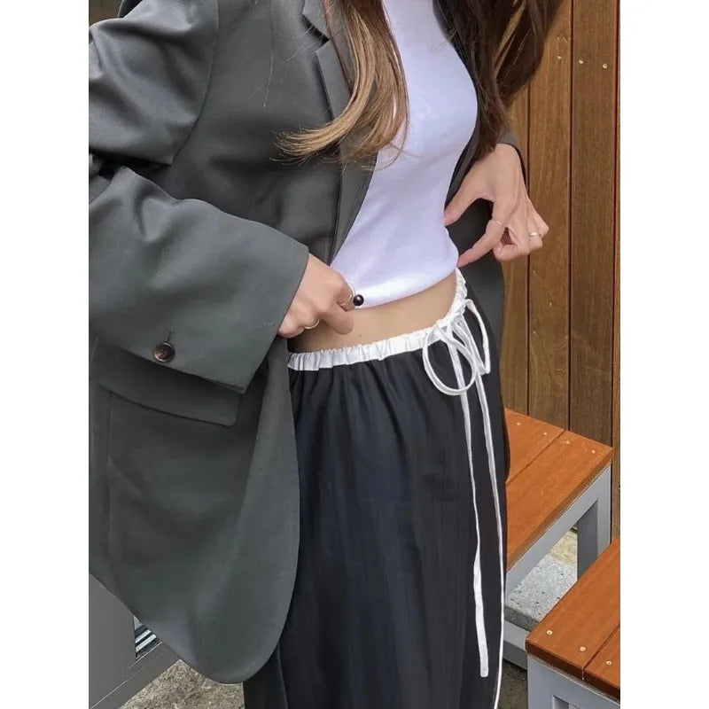 Summer Korean Retro High Street Black and White Stitching Elastic Laceup Wide Leg Pants
