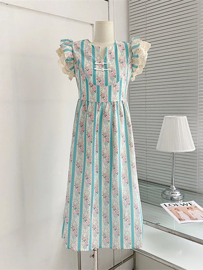 Summer French Court Striped Evening Sleeveless Long Dress Maxi Lace Patchwork Frocks Onepiece Design Maxi Party