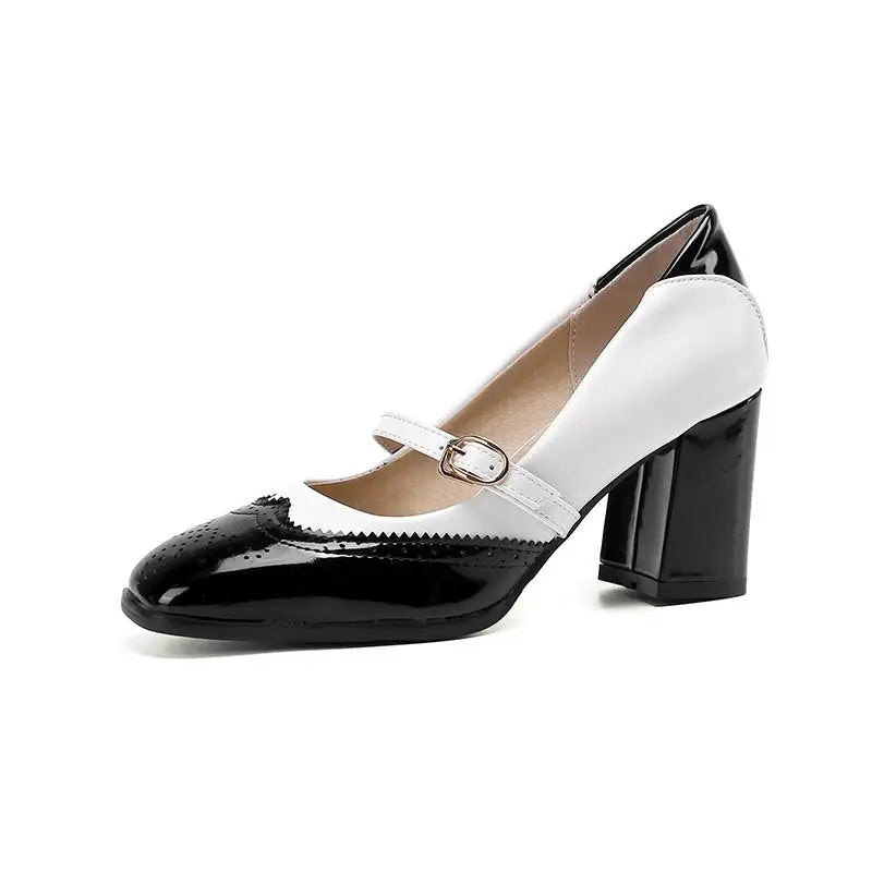 Green Orange Black Patent Leather Fretwork Pumps Sweet Shallow Mary Janes Shoes Female High Heels Footwear Size 48