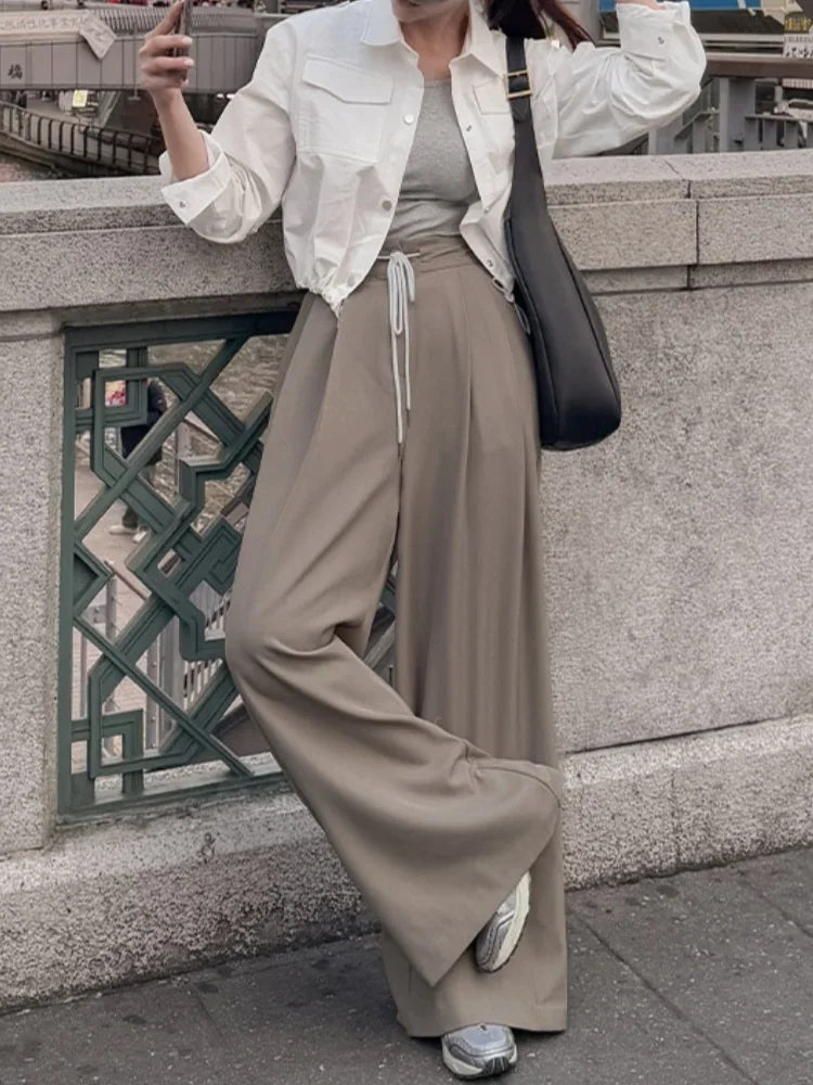Loose Wide Leg Pants New Spring Summer High Waist Laceup Full Length Trousers Pocket Female